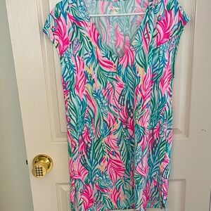 Colorful Tropical Print Shift Dress - Pink & Teal